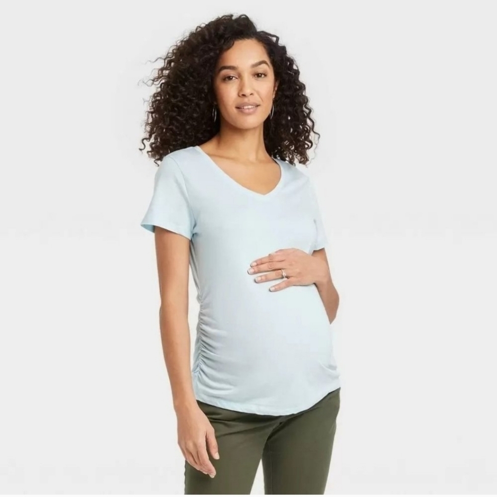 Maternity Tshirt Short Sleeve V Neck Side Shirred blue